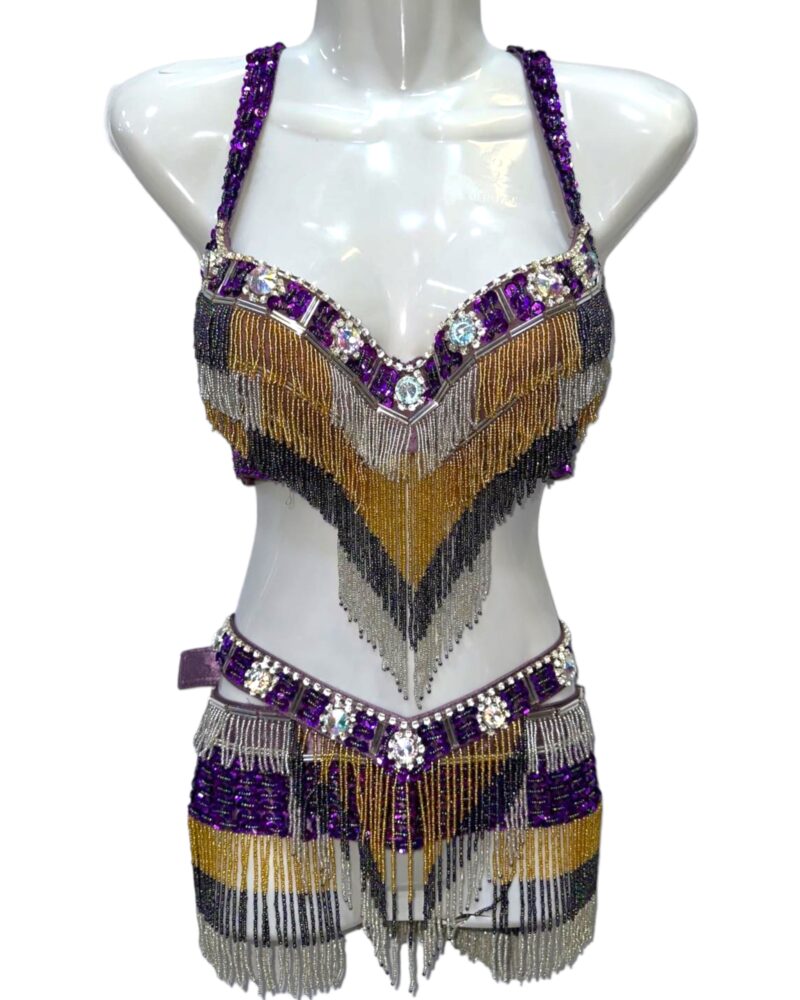 Στολή Belly Dance μωβ με ασημόχρυσες λεπτομέρειες και έντονα κρόσσια