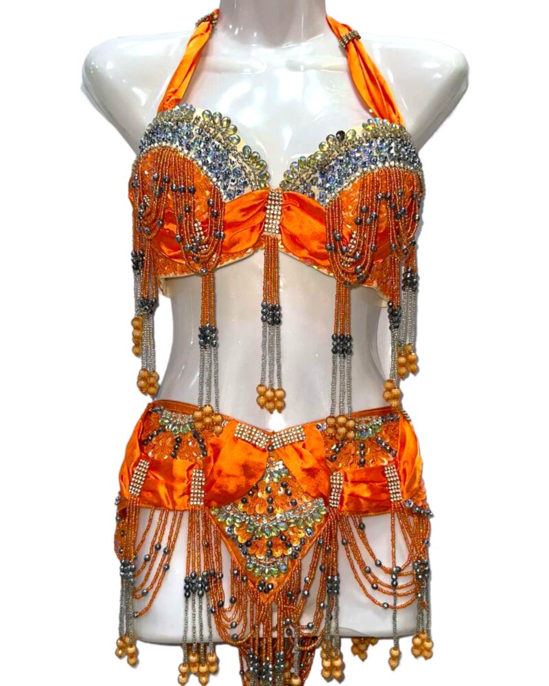 Στολή Belly Dance καλοκαιρινό πορτοκαλί με ασημόχρυσες λεπτομέρειες
