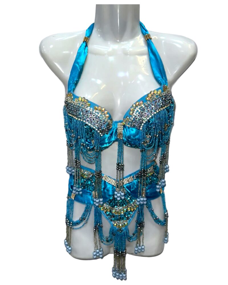 Στολή Belly Dance τιρκουάζ με ασημόχρυσες λεπτομέρειες