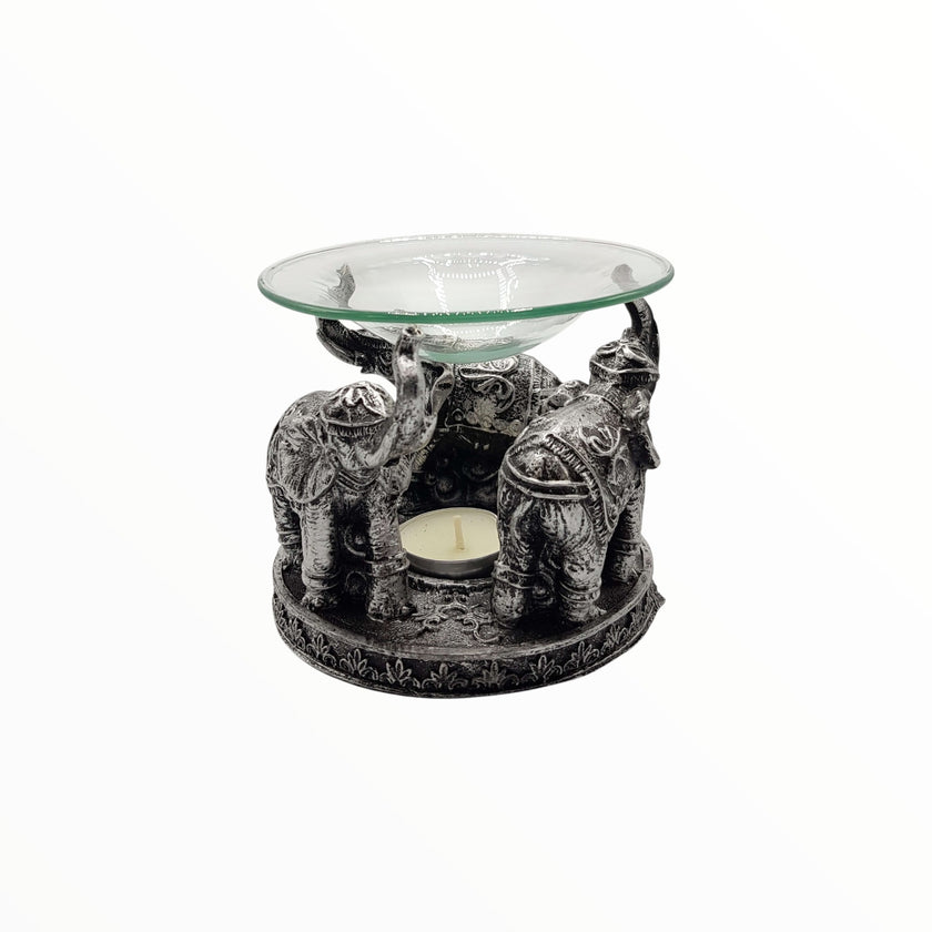 Καυστήρας Αιθέριων Ελαίων με Ελέφαντες & Γυάλινο Μπολ – Εθνοστυλ σε Antique Silver