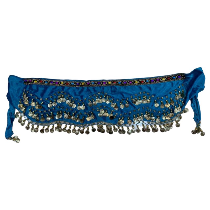 Ζώνη Οriental βελούδινη σιέλ με χρυσά φλουριά και πολύχρωμη φάσα