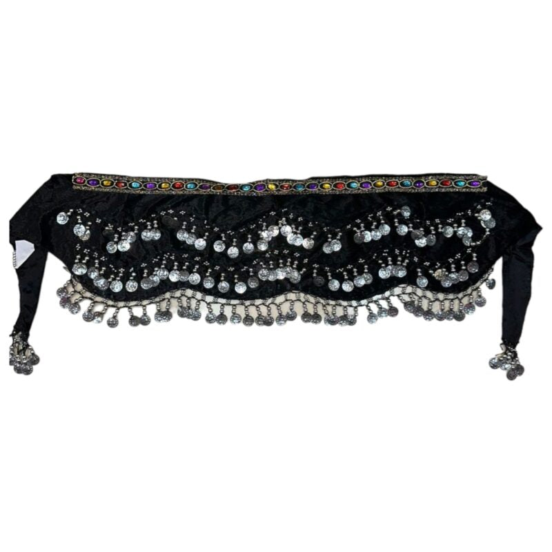 Ζώνη Οriental βελούδινη μαύρη με ασημί φλουριά και πολύχρωμη φάσα