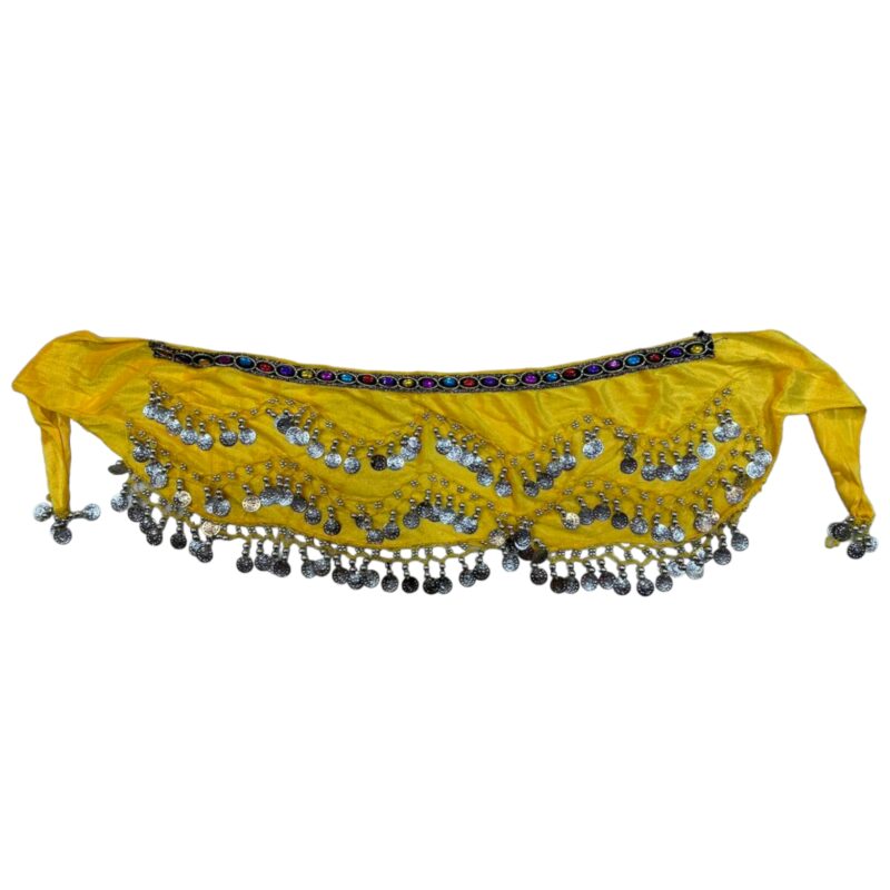 Ζώνη Οriental βελούδινη κίτρινη με ασημί φλουριά και πολύχρωμη φάσα