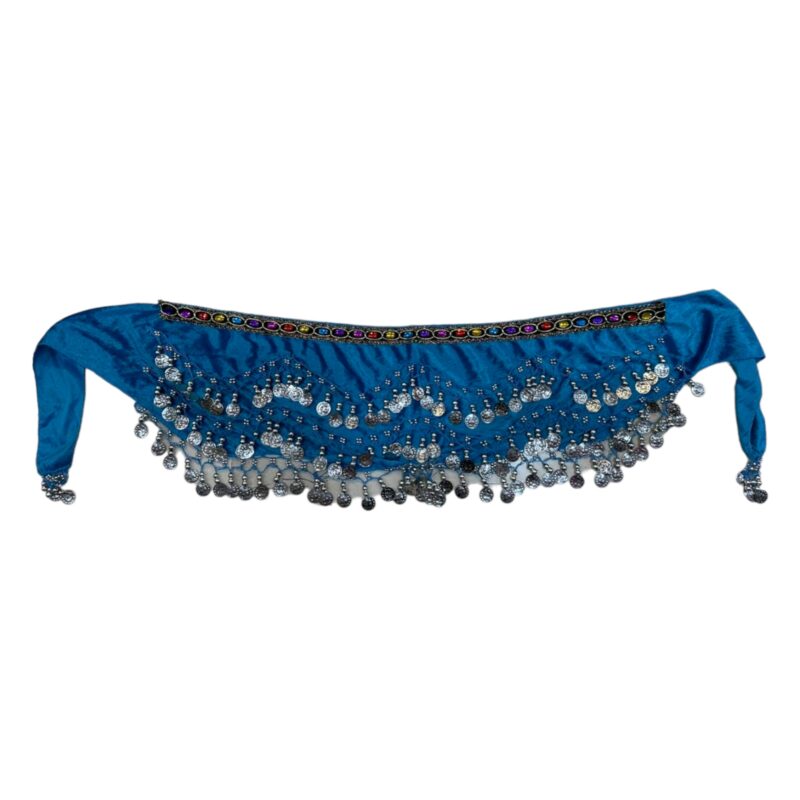 Ζώνη Οriental βελούδινη σιέλ με ασημί φλουριά και πολύχρωμη φάσα