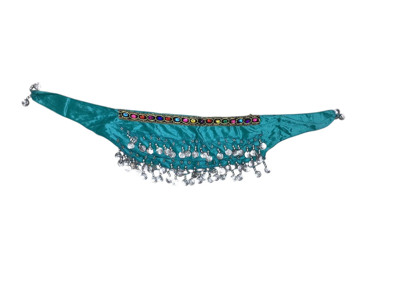 Παιδική ζώνη οriental βελούδινη τυρκουάζ με ασημί φλουριά και πολύχρωμη φάσα