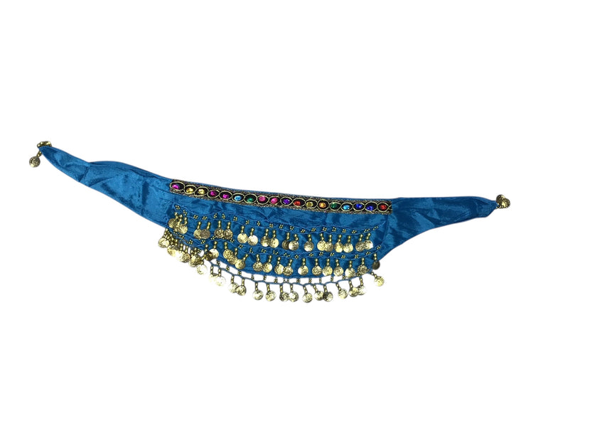 Παιδική ζώνη οriental βελούδινη σιέλ με χρυσά φλουριά και πολύχρωμη φάσα